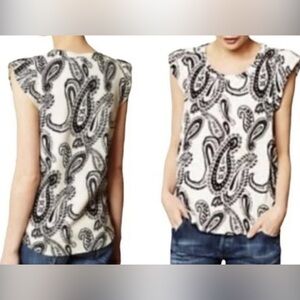 Anthropologie Deletta Womens Blouse - M - White Black Paisley Flutter Sleeves